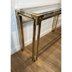 Console en Plexiglas et Laiton à Plateau de Verre, Attribu | Maison Barrois