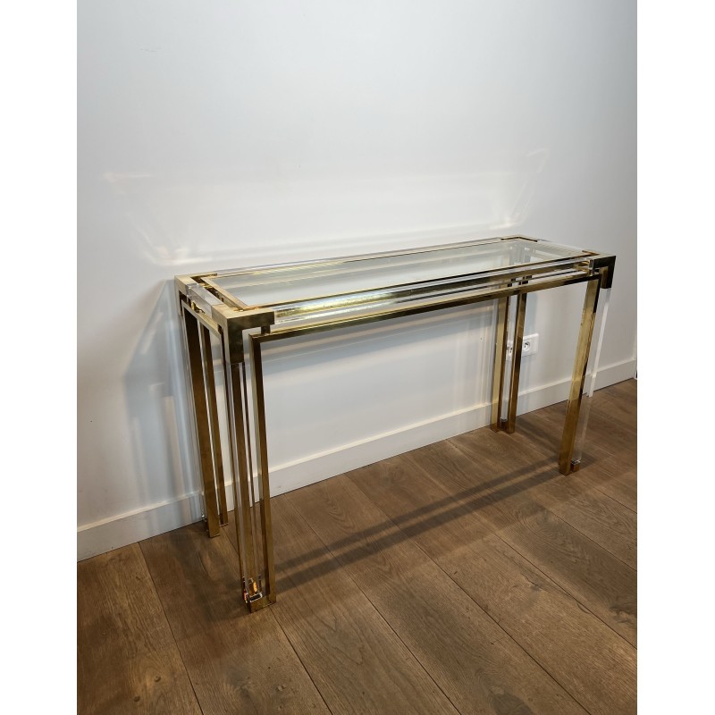 Console in Plexiglas and Brass with Glass Top, Attributed | Maison Barrois