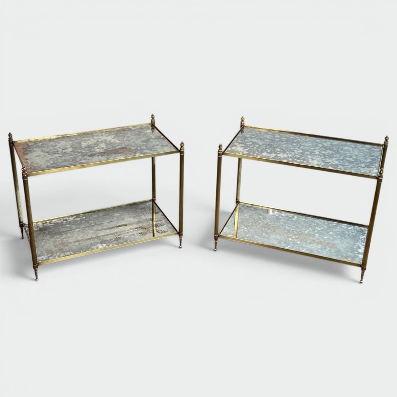 Pair of Brass Side Tables with Two Oxidised Mirror Tiers, | Maison Barrois