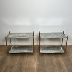 Pair of Brass Side Tables with Two Oxidised Mirror Tiers, | Maison Barrois