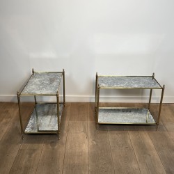 Pair of Brass Side Tables with Two Oxidised Mirror Tiers, | Maison Barrois
