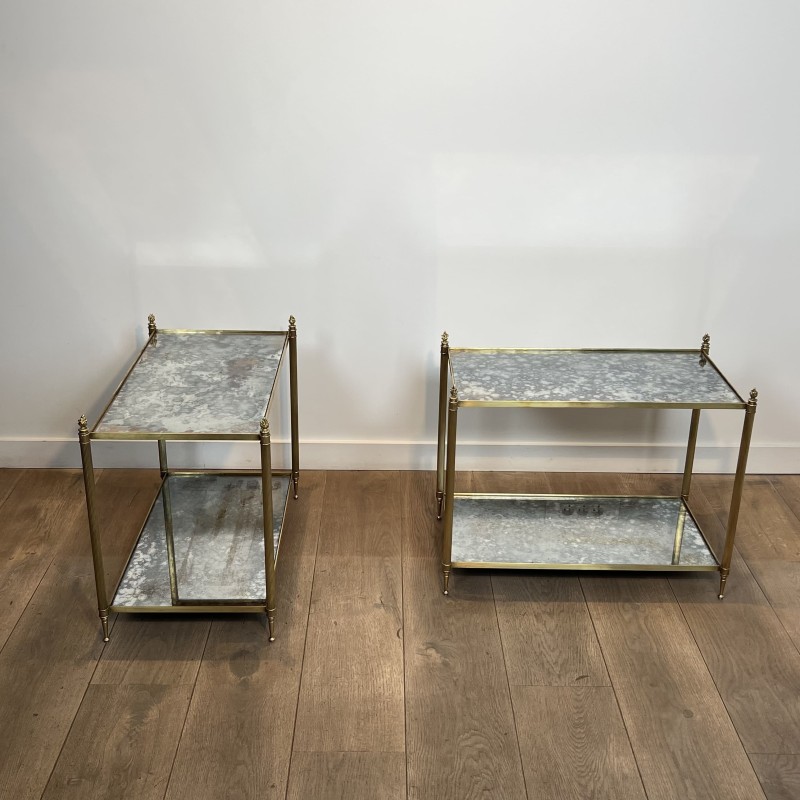 Pair of Brass Side Tables with Two Oxidised Mirror Tiers, | Maison Barrois