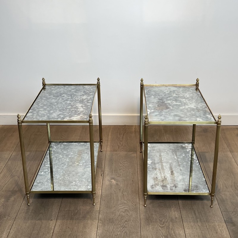 Pair of Brass Side Tables with Two Oxidised Mirror Tiers, | Maison Barrois