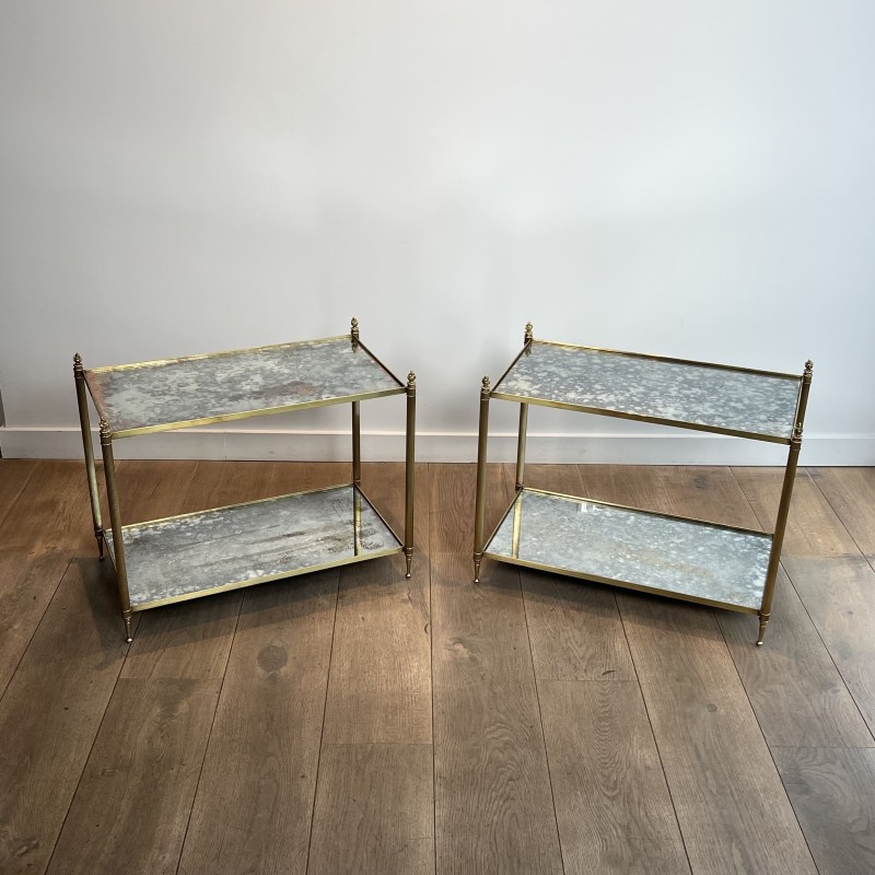 Pair of Brass Side Tables with Two Oxidised Mirror Tiers, | Maison Barrois