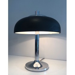 Grande Lampe de Table Chrome et Laque Noire, Mid-Century, Travail Français, vers 1950