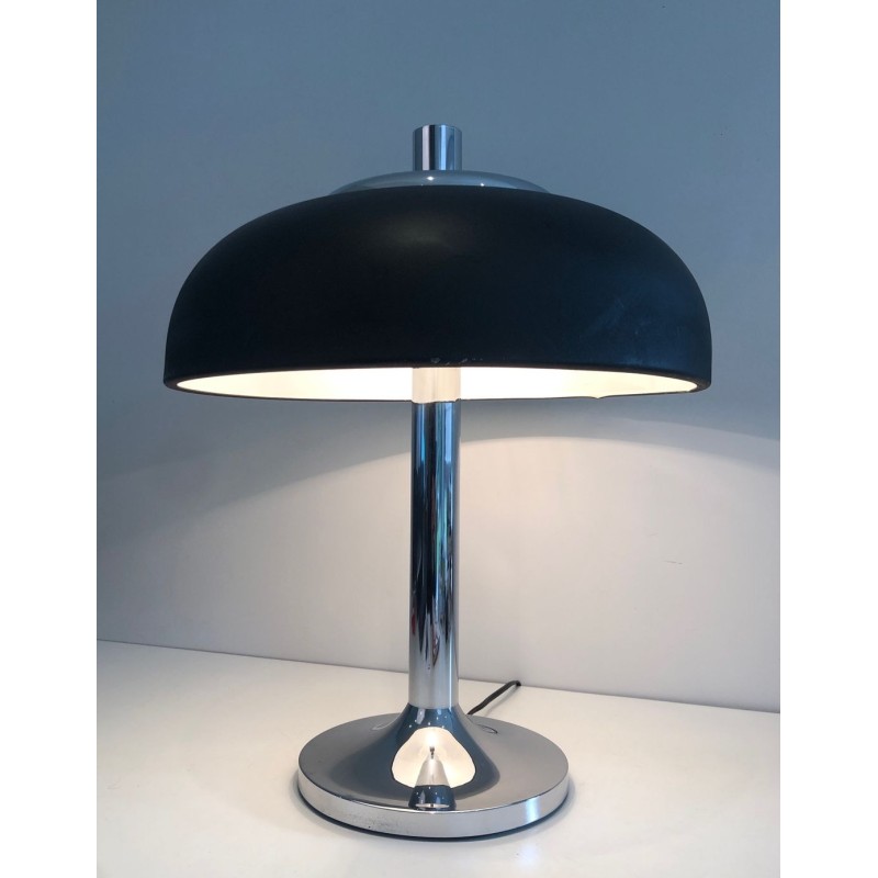 Grande Lampe de Table Chrome et Laque Noire, Mid-Century, Travail Français, vers 1950