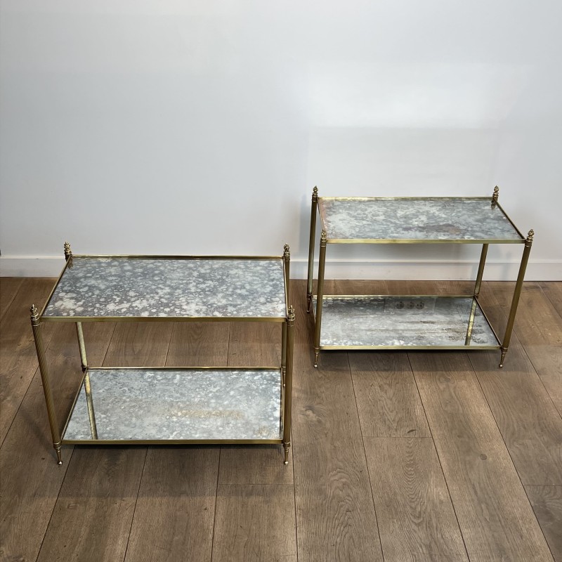 Pair of Brass Side Tables with Two Oxidised Mirror Tiers, | Maison Barrois