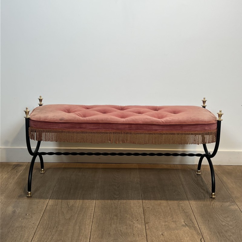 Curule Bench in Black Metal and Brass, Pink / Red Fringed | Maison Barrois