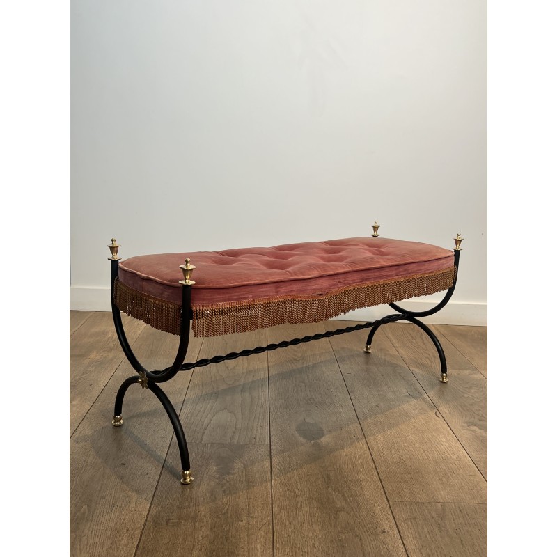 Curule Bench in Black Metal and Brass, Pink / Red Fringed | Maison Barrois