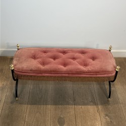 Curule Bench in Black Metal and Brass, Pink / Red Fringed | Maison Barrois