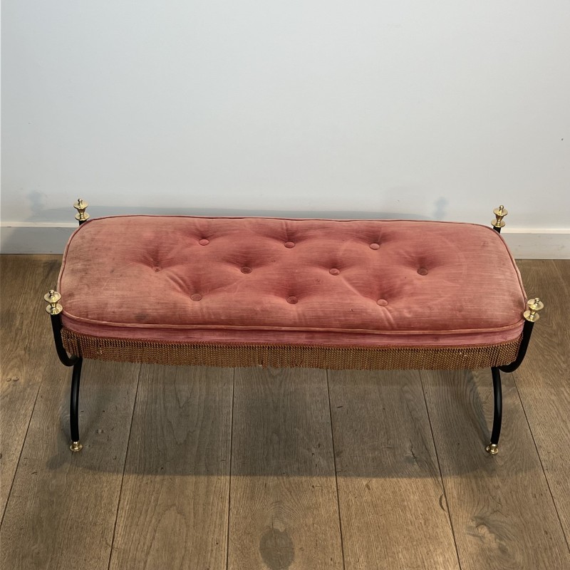 Curule Bench in Black Metal and Brass, Pink / Red Fringed | Maison Barrois
