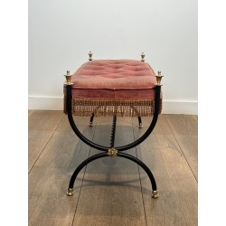 Curule Bench in Black Metal and Brass, Pink / Red Fringed | Maison Barrois