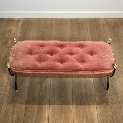 Curule Bench in Black Metal and Brass, Pink / Red Fringed | Maison Barrois