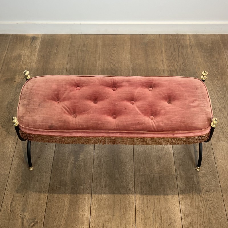 Banquette Curule en Métal Noir et Laiton, Velours Rose / R | Maison Barrois