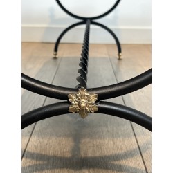 Curule Bench in Black Metal and Brass, Pink / Red Fringed | Maison Barrois