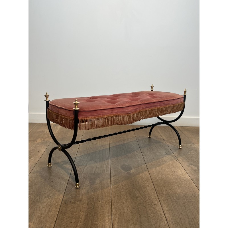 Curule Bench in Black Metal and Brass, Pink / Red Fringed | Maison Barrois