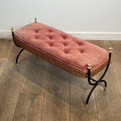 Curule Bench in Black Metal and Brass, Pink / Red Fringed | Maison Barrois