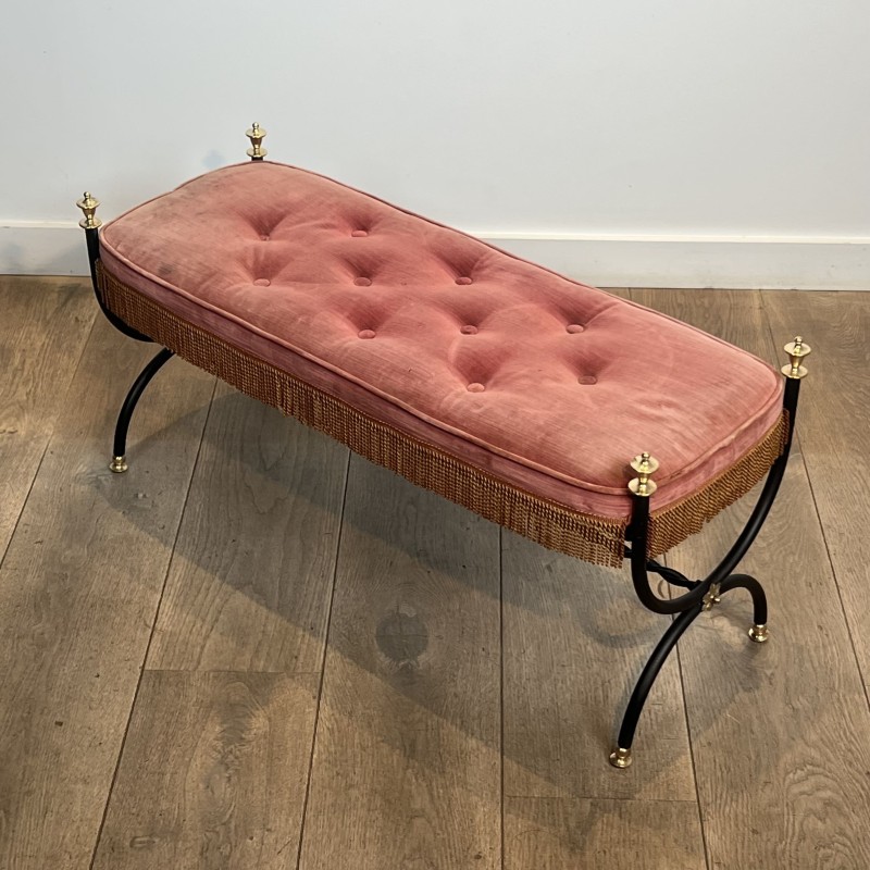 Curule Bench in Black Metal and Brass, Pink / Red Fringed | Maison Barrois
