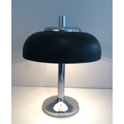 Grande Lampe de Table Chrome et Laque Noire, Mid-Century, Travail Français, vers 1950