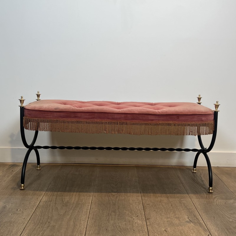 Curule Bench in Black Metal and Brass, Pink / Red Fringed | Maison Barrois