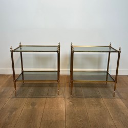 Pair of Brass Side Tables with Two Smoked Glass Tiers, Mai | Maison Barrois