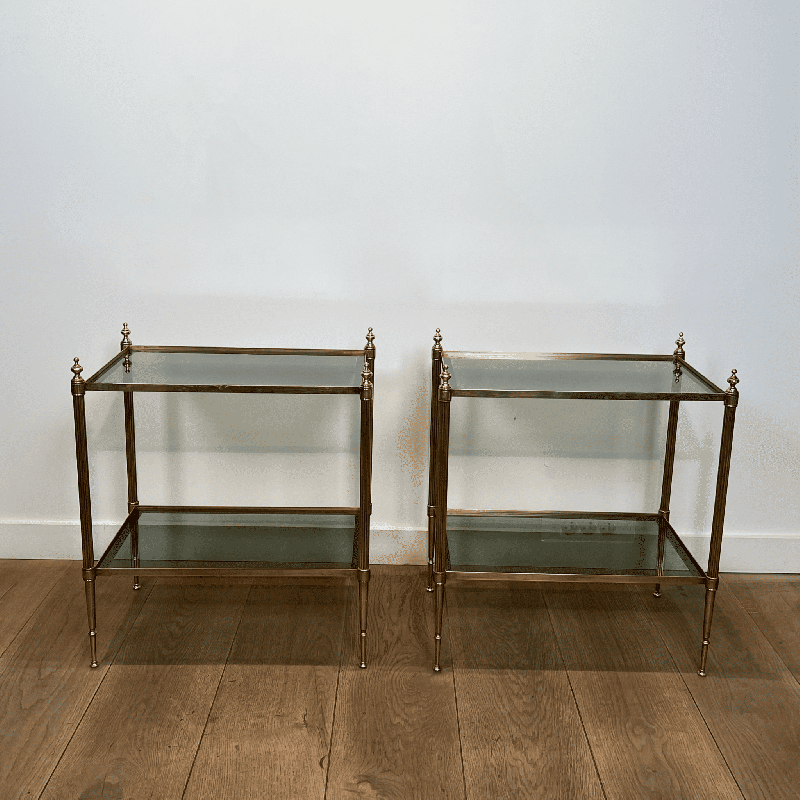 Pair of Brass Side Tables with Two Smoked Glass Tiers, Mai | Maison Barrois