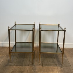 Pair of Brass Side Tables with Two Smoked Glass Tiers, Mai | Maison Barrois