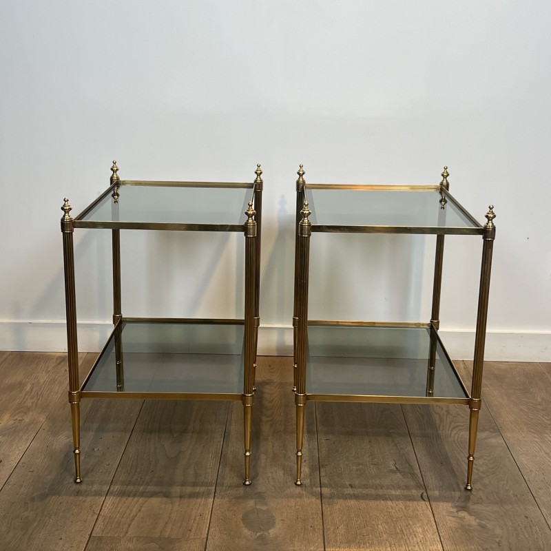 Pair of Brass Side Tables with Two Smoked Glass Tiers, Mai | Maison Barrois