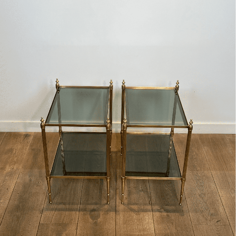 Pair of Brass Side Tables with Two Smoked Glass Tiers, Mai | Maison Barrois
