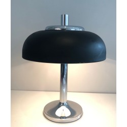 Grande Lampe de Table Chrome et Laque Noire, Mid-Century, Travail Français, vers 1950