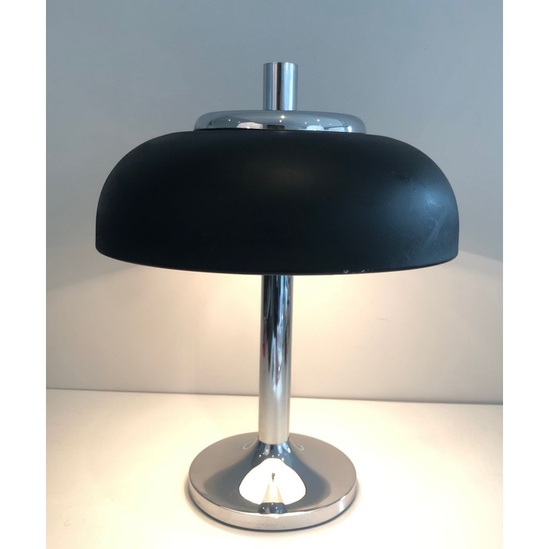 Grande Lampe de Table Chrome et Laque Noire, Mid-Century, Travail Français, vers 1950