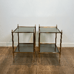 Pair of Brass Side Tables with Two Smoked Glass Tiers, Mai | Maison Barrois
