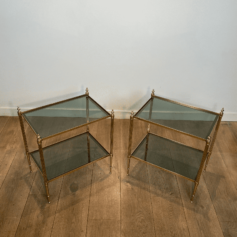 Pair of Brass Side Tables with Two Smoked Glass Tiers, Mai | Maison Barrois