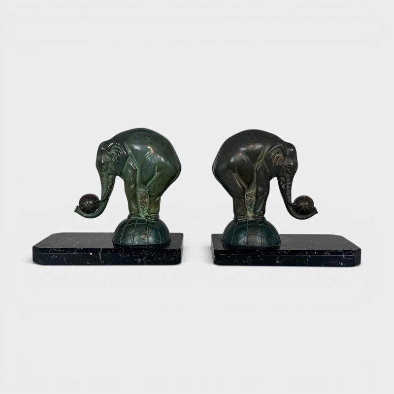 Pair of Art Deco Elephant Bookends in Spelter with Green P | Maison Barrois
