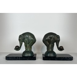Pair of Art Deco Elephant Bookends in Spelter with Green P | Maison Barrois
