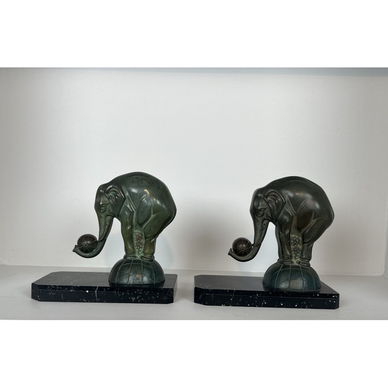 Pair of Art Deco Elephant Bookends in Spelter with Green P | Maison Barrois