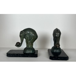 Pair of Art Deco Elephant Bookends in Spelter with Green P | Maison Barrois