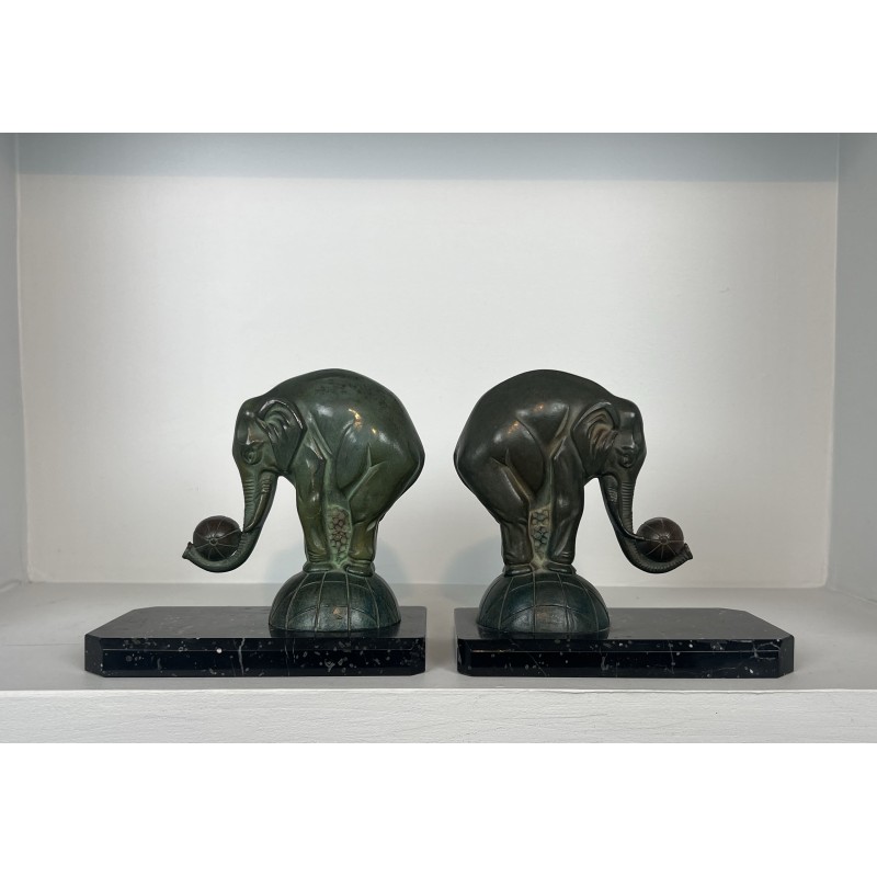Pair of Art Deco Elephant Bookends in Spelter with Green P | Maison Barrois