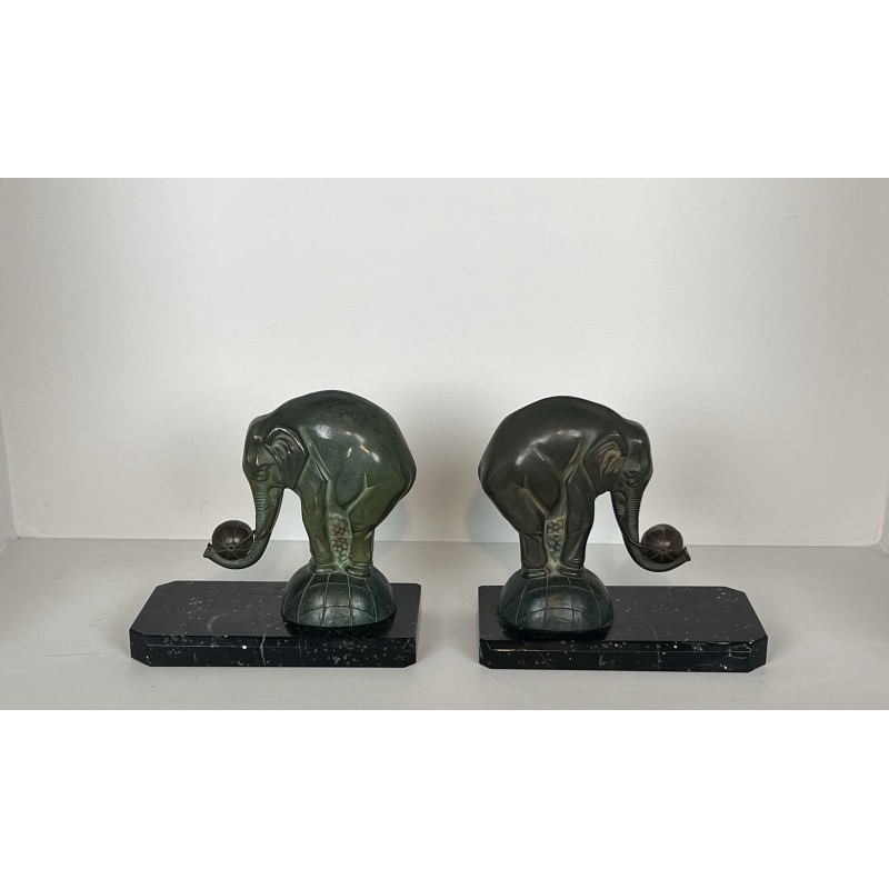 Pair of Art Deco Elephant Bookends in Spelter with Green P | Maison Barrois