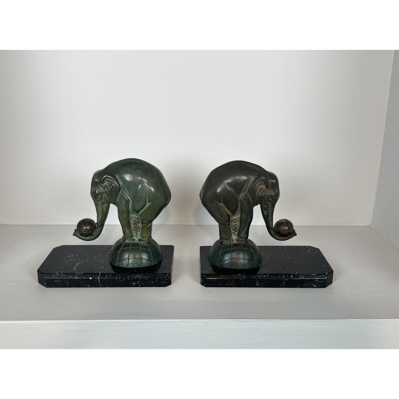 Pair of Art Deco Elephant Bookends in Spelter with Green P | Maison Barrois