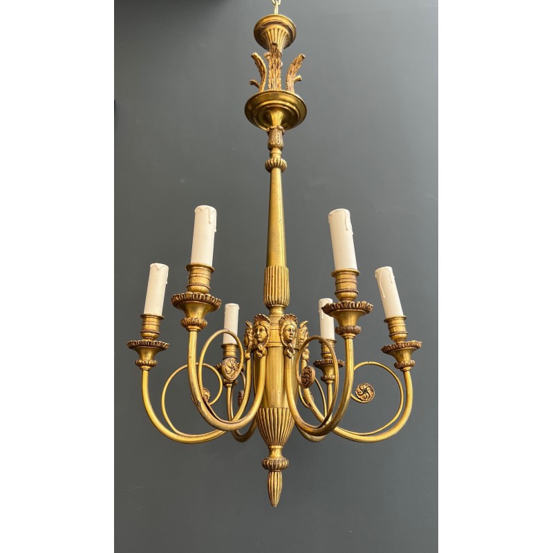 Lustre en Bronze Doré à Mascarons Féminins et Six Lumières | Maison Barrois
