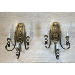 Paire d'Appliques Art Déco en Bronze à Trois Bras, Platine | Maison Barrois