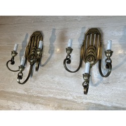 Paire d'Appliques Art Déco en Bronze à Trois Bras, Platine | Maison Barrois