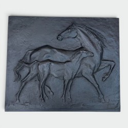 Plaque de Cheminée en Fonte aux Chevaux, Signée Raina, Fonderie Stern, vers 1970