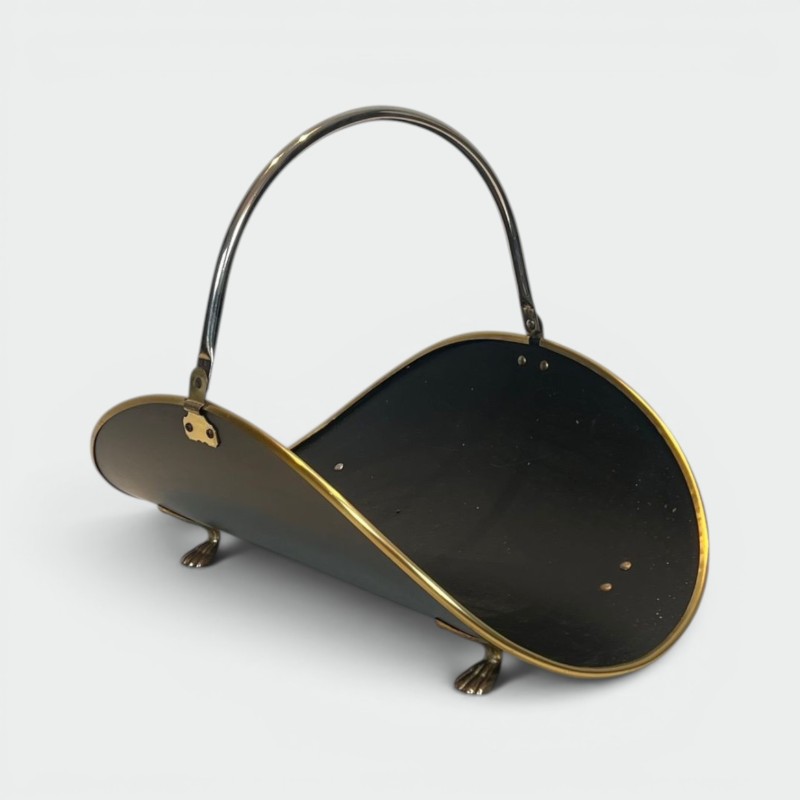 Porte-Bûches Néoclassique en Laiton Laqué Noir avec Garnitures en Laiton Poli, vers 1970
