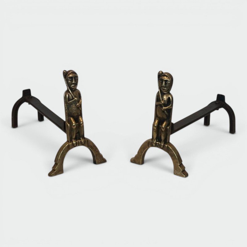 Pair of Bronze Andirons with Seated Shaman Figures, Monogrammed Anton Prinner, circa 1930