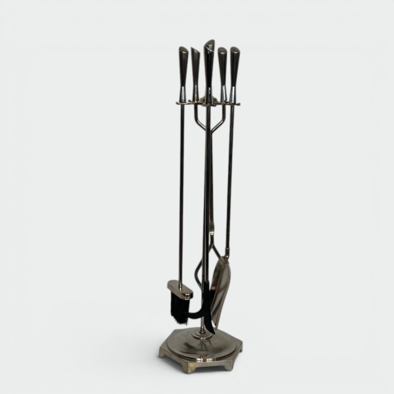 Modernist Fireplace Companion Set with Chrome Stand, French Design circa 1970