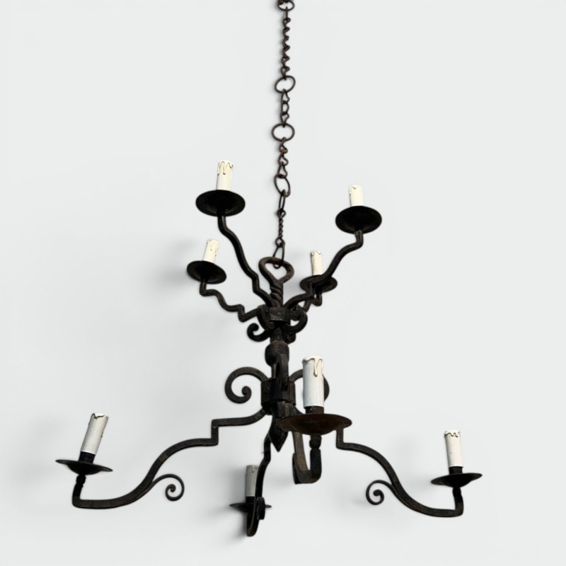 Eight-Light Two-Tier Gothic Wrought Iron Chandelier, French Work, circa 1940 – Maison BARROIS
