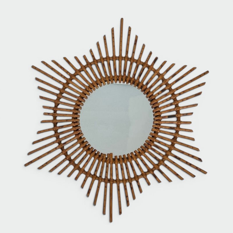 Miroir Mural en Rotin en Forme d'Étoile — Travail Français, Vers 1970