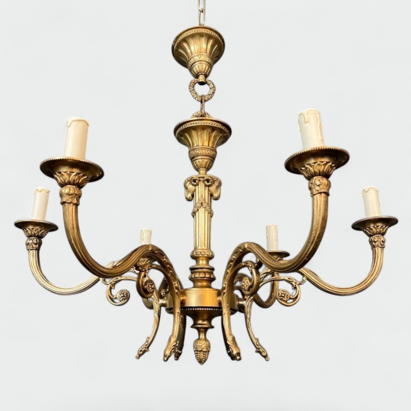 Bronze Chandelier with Ram’s Heads, Louis XVI Style, Manner of Maison Jansen, circa 1940 – Maison BARROIS